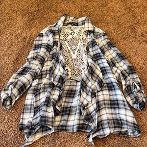 Black and White Plaid Cardigan with Lace Detail